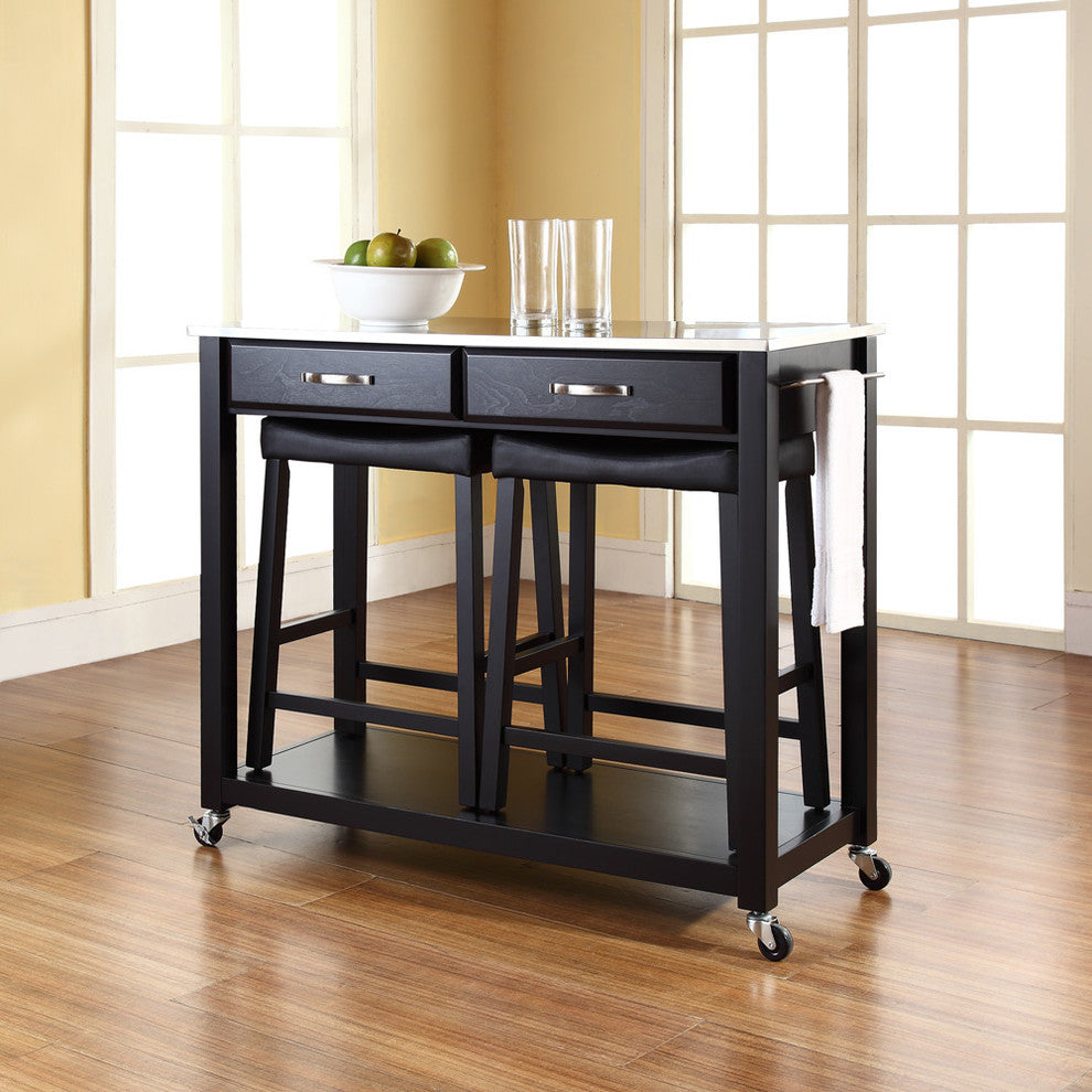 Stainless Steel Top Kitchen Cart, Island With 24" Upholstered Saddle Stools