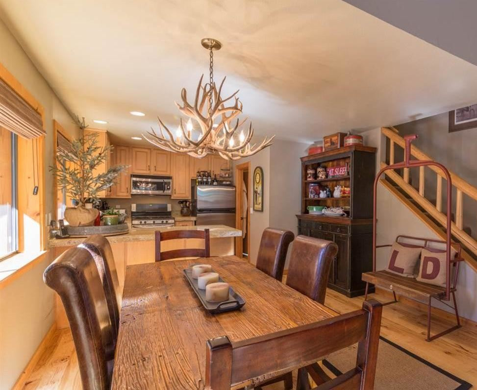 Rocky Mountain Mule Deer Chandelier, Brown Antler, Rawhide Shades
