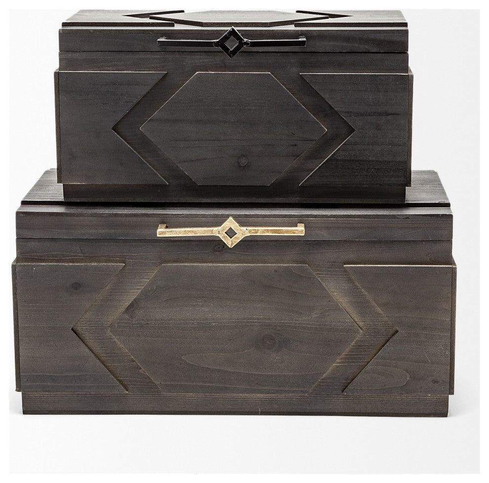 Set of Two Brown Detailed Wooden Boxes