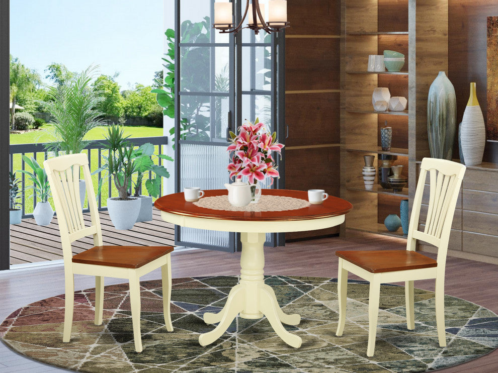 3 Pc Set, Round Small Table, 2 Wood Dinette Chairs, Buttermilk, Cherry .