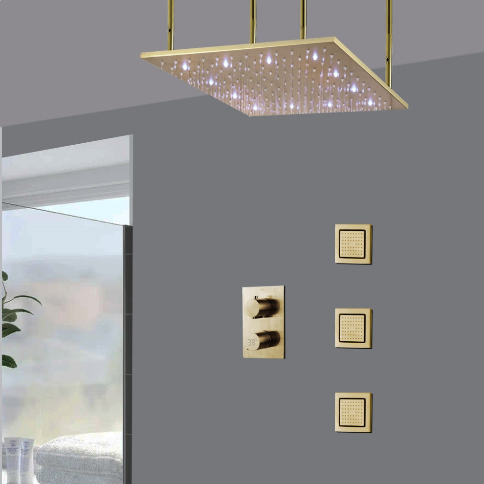 Led 24" Digital Brushed Gold Ceiling Mount Shower With 3 Jetted Body Sprays