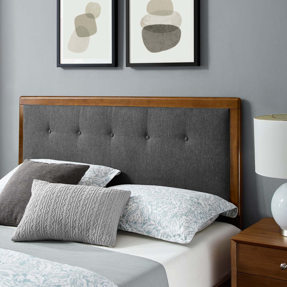Platform Bed Frame, King Size, Wood, Brown Walnut Gray, Modern Mid-Century