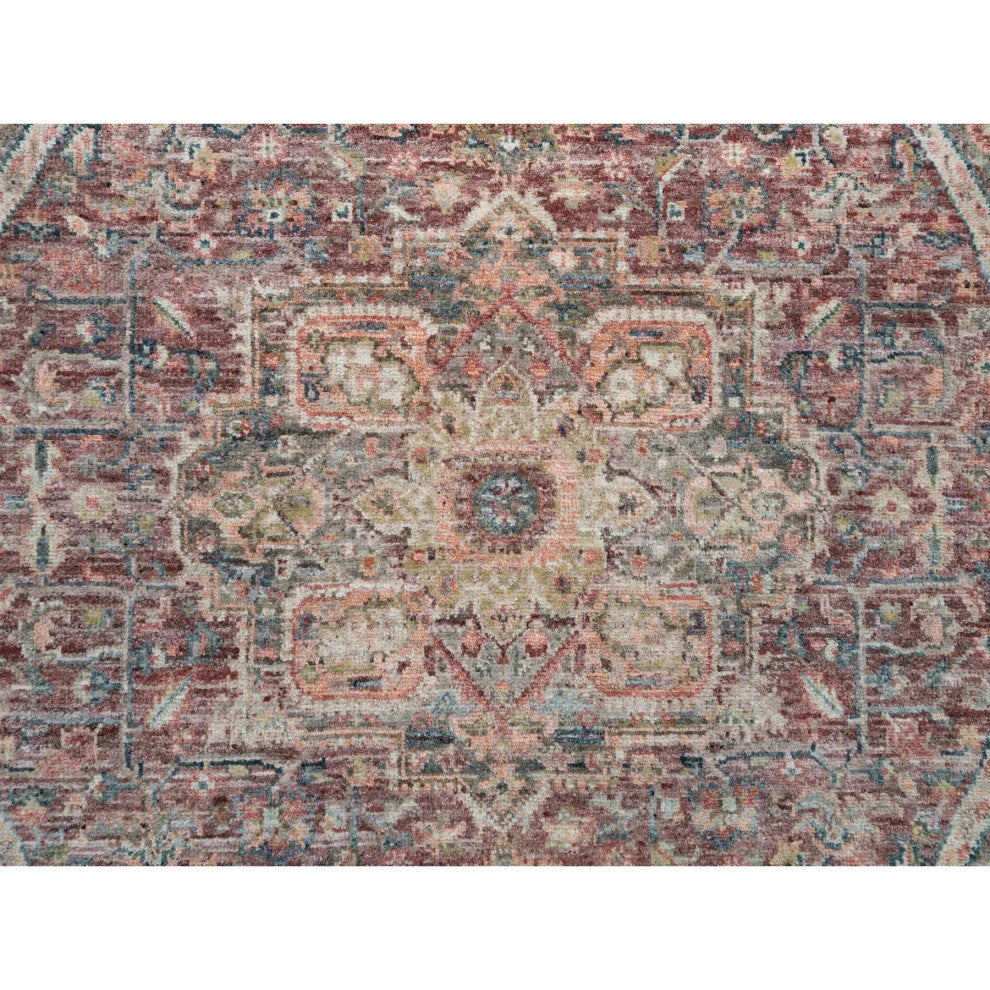 Sangria Red Hand Knotted Pure Wool Heris Revival Round Oriental Rug 5'11"x5'11"