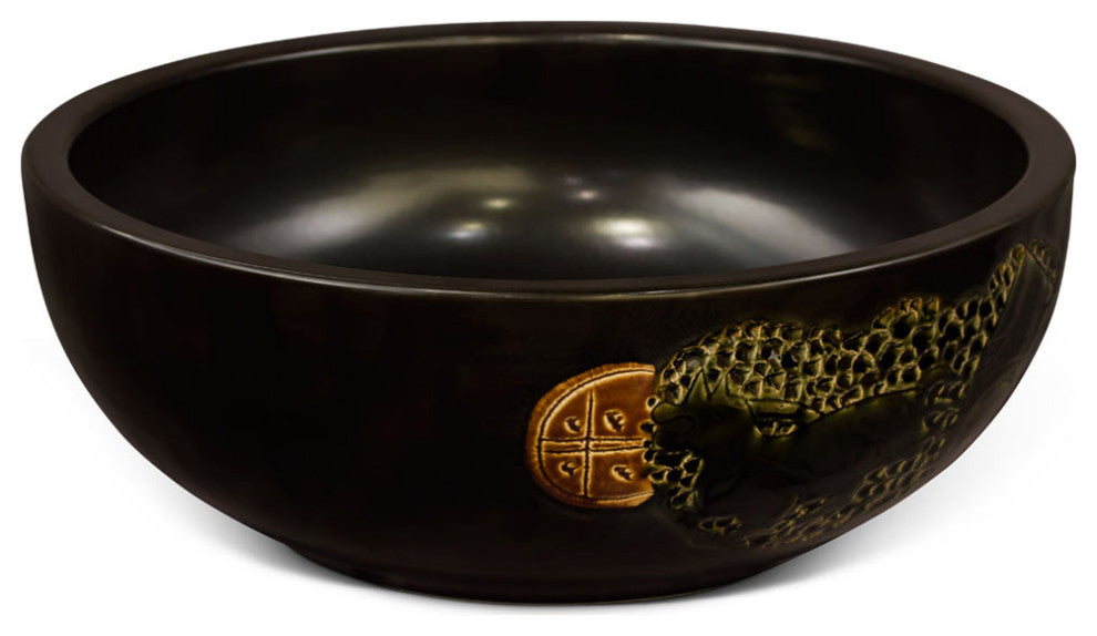 16in Black Chinoiserie Motif Oriental Porcelain Basin