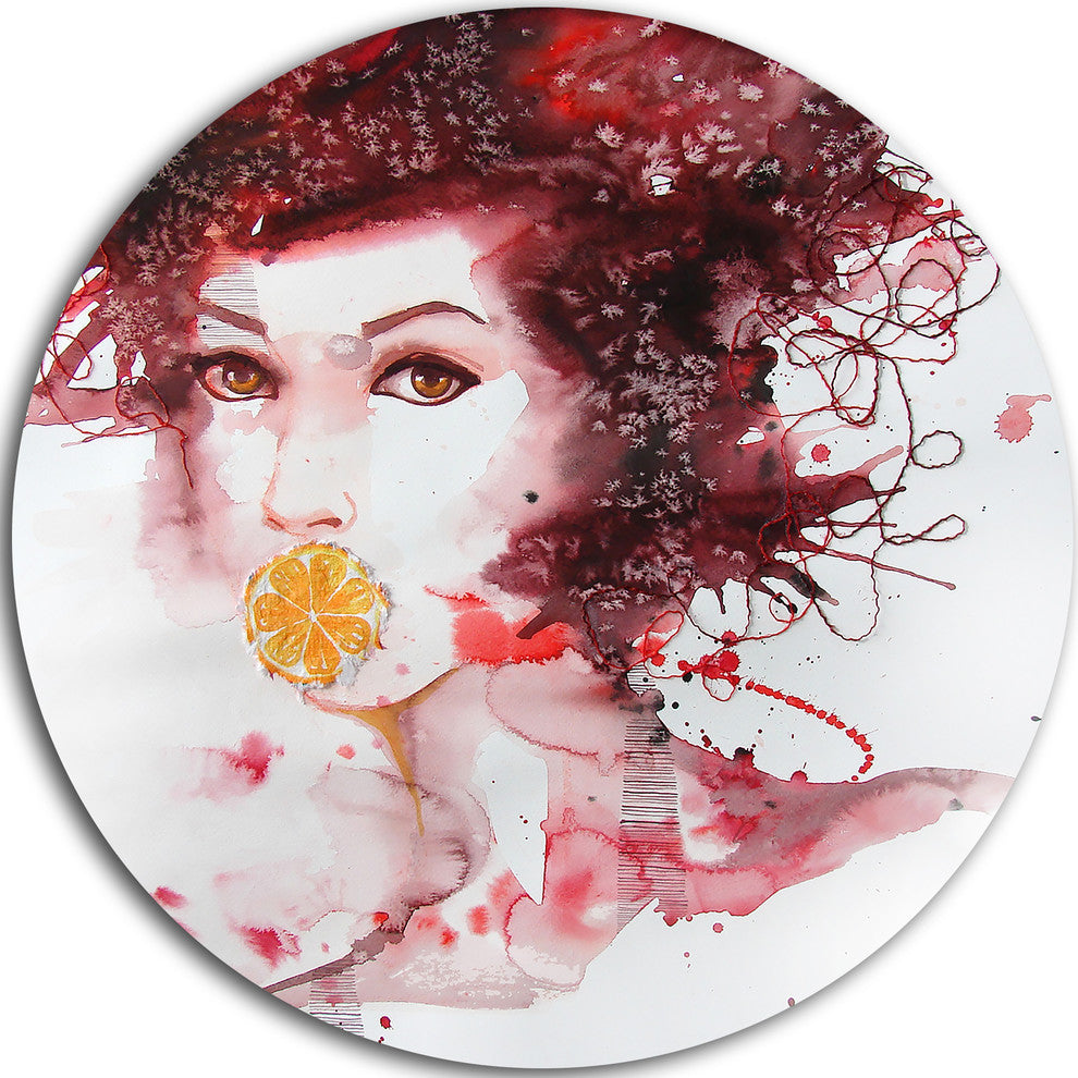 Illustrated Girl With Red Hair, Portrait Round Metal Wall Art, 23"