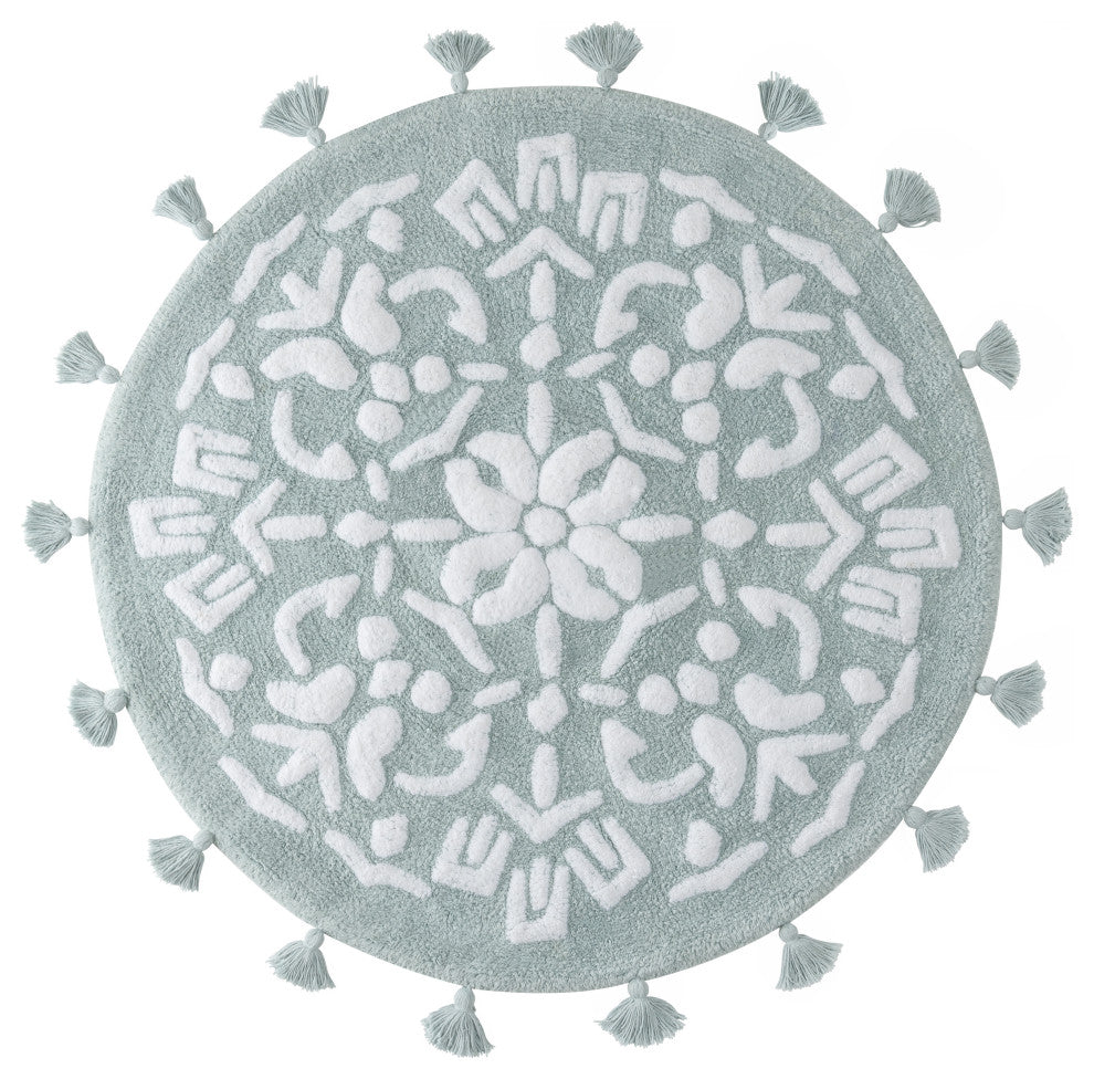 Cambridge Round Tufted Bath Mat With Tassels, Arctic/White