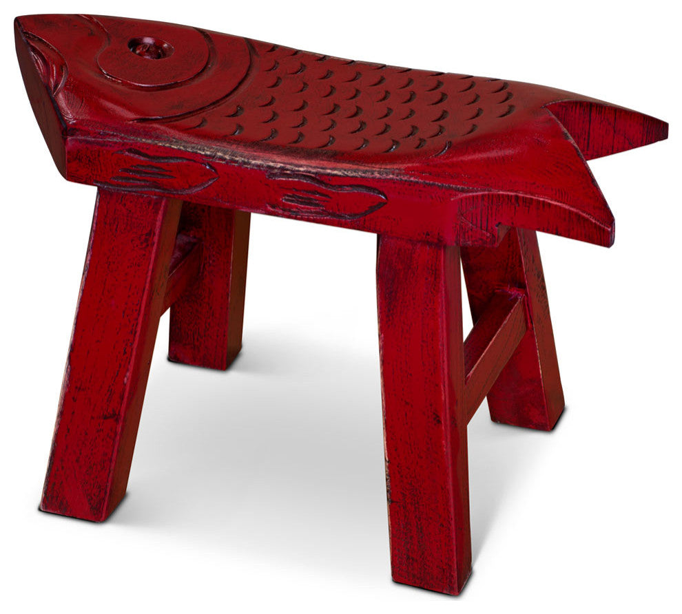 Hand Carved Distressed Red Wooden Carp Asian Stool