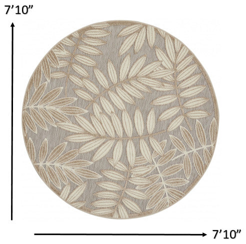 8' Round Gray And Ivory Round Floral Indoor Outdoor Area Rug