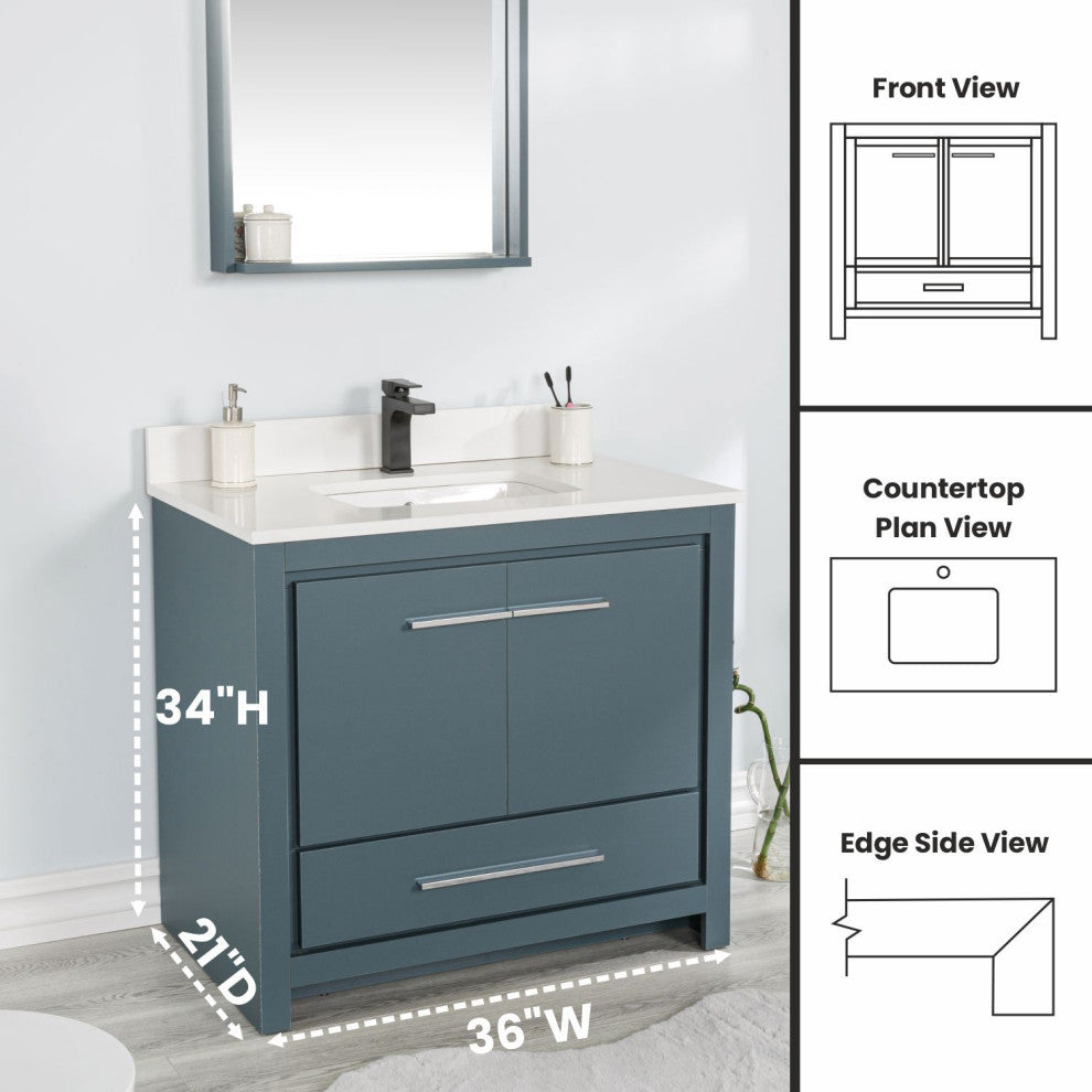 Mila Collection 36" Bathroom Vanity With Sink, Mirror, Countertop, Alasca Blue