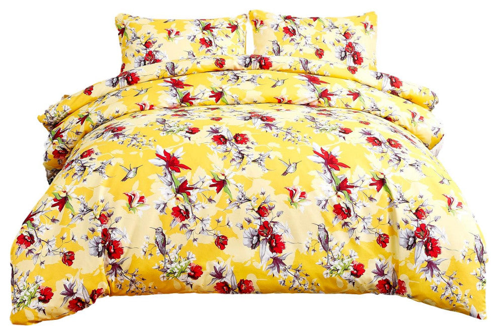 Sunshine Hummingbirds Floral Print Duvet Cover Set with Pillow Cases, Queen