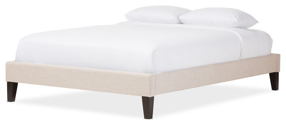 Beige Linen Fabric Upholstered Queen Size Bed Frame With Tapered Legs