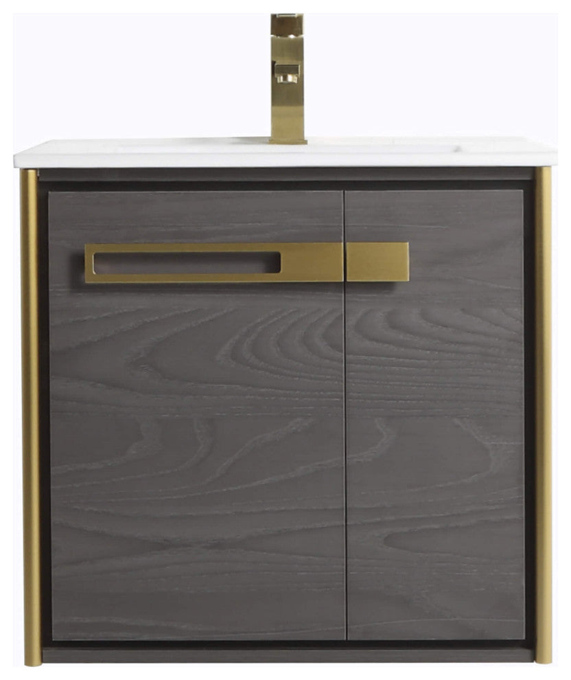 Oakville Wall Mount Bathroom Vanity, Black Coal Oak, 24", Satin Brass Hardware