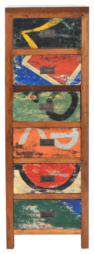 Chest with 6 Vertical Drawers Made From Recycled Teak Wood Boats