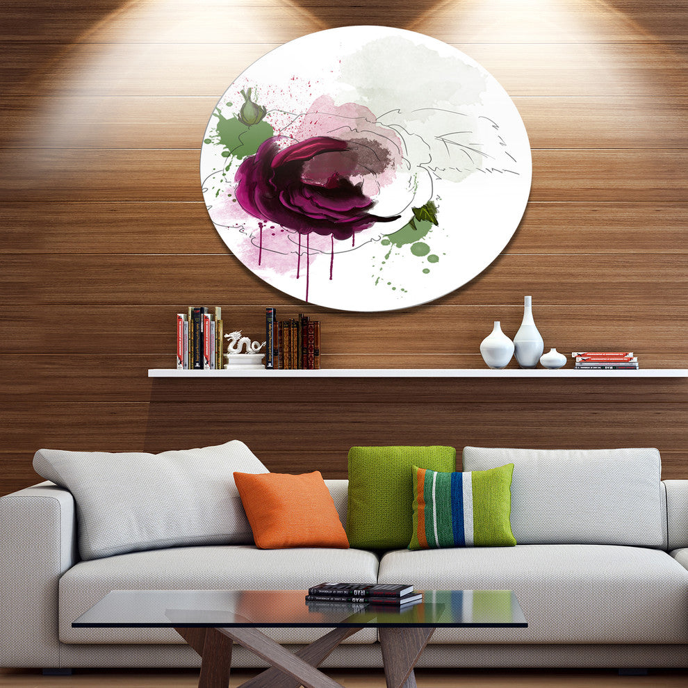 Purple Rose Sketch Watercolor, Modern Floral Disc Metal Wall Art, 36"