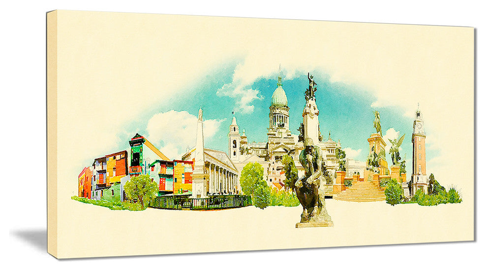 "Buenos Aires" Panoramic View Cityscape Watercolor Wall Art, 32"x16"