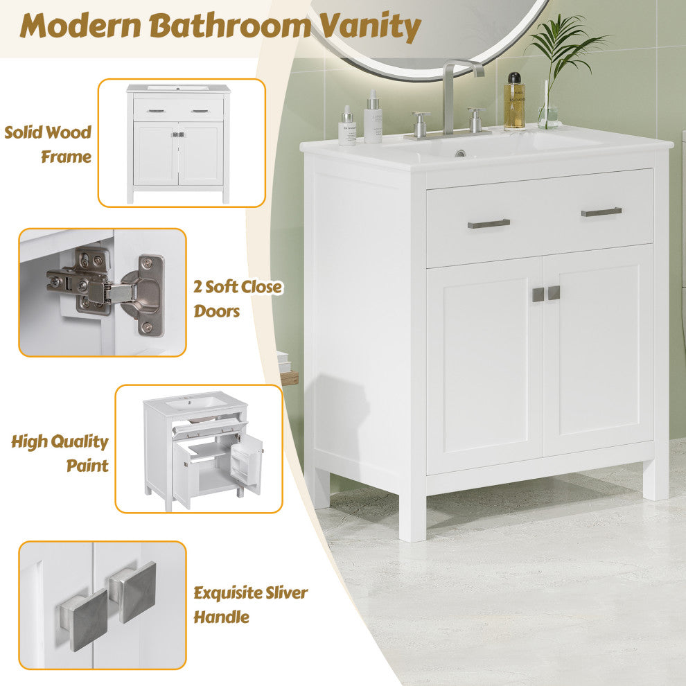 30 Inch Bathroom Vanity with Ceramic Sink, White