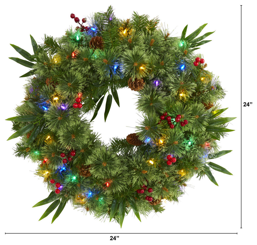 24ï¿½ Mixed Pine Christmas Wreath / 50 Multicolored LED Lights Berries and Pine