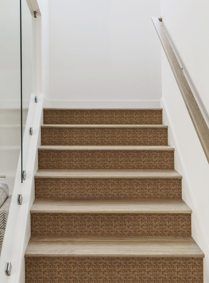 Wicker Weave Peel and Stick Stair Riser Strips, Brown, 48"x7", Set of 6