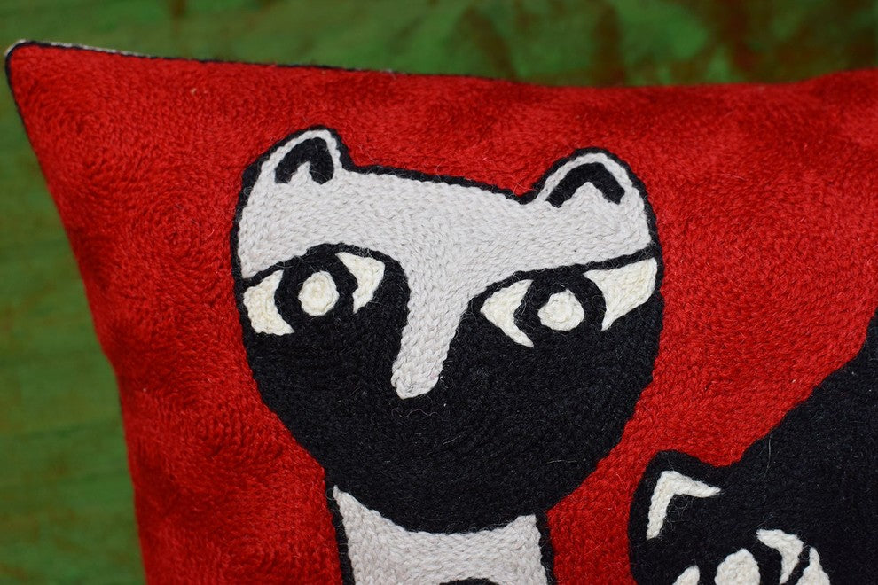 Lumbar Red Pillow Cover Cat Picasso Four Kitties Pillowcase Handmade Wool 14x20