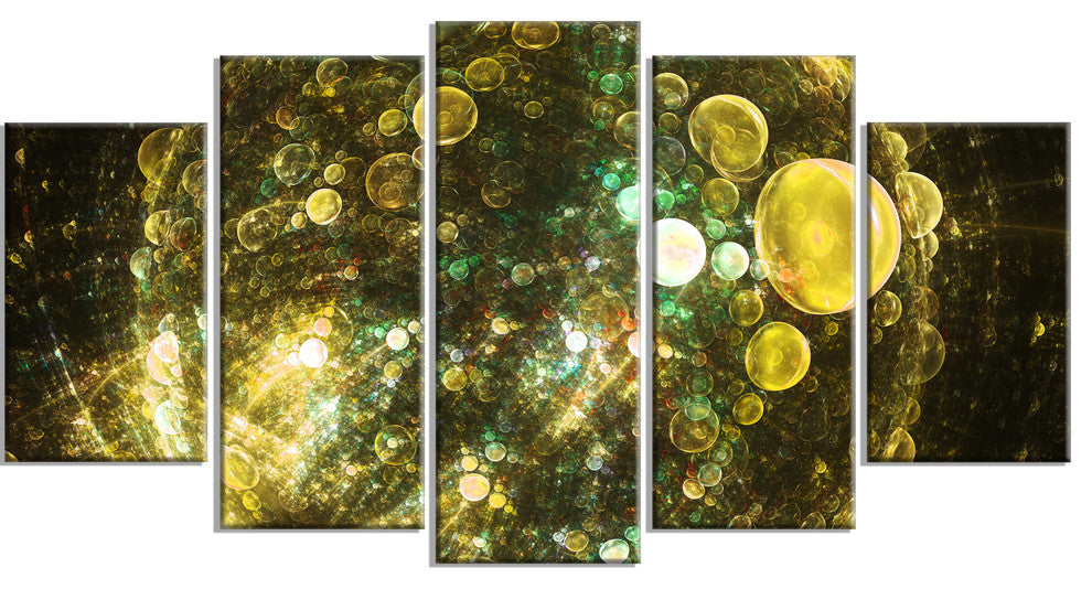 Yellow Spherical Planet Bubbles, Abstract Canvas Art Print, 60"x32", 5 Panels