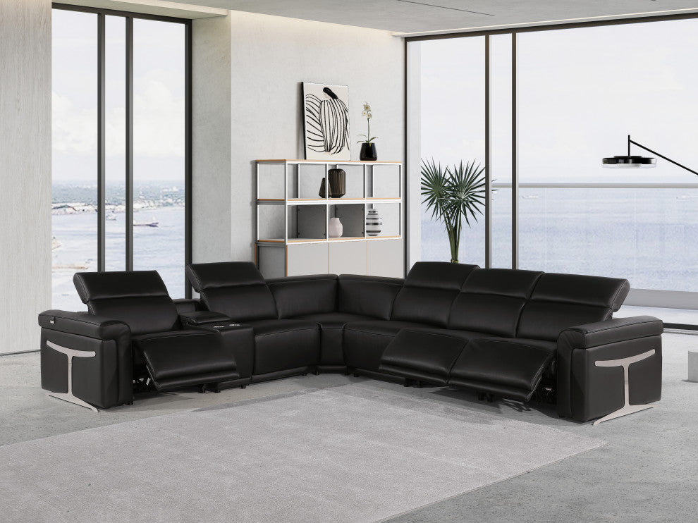 Giovanni 7-Piece 3-Power Reclining Italian Leather Sectional, Black