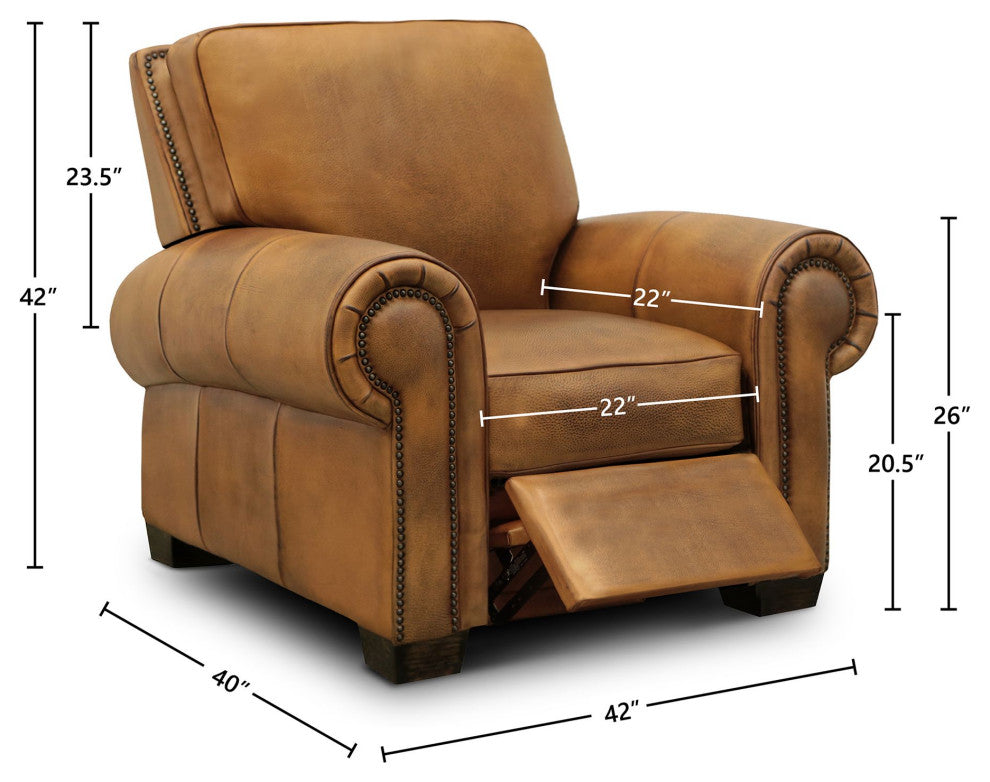 Valencia 100% Top Grain Hand Antiqued Leather Traditional Recliner, Tan