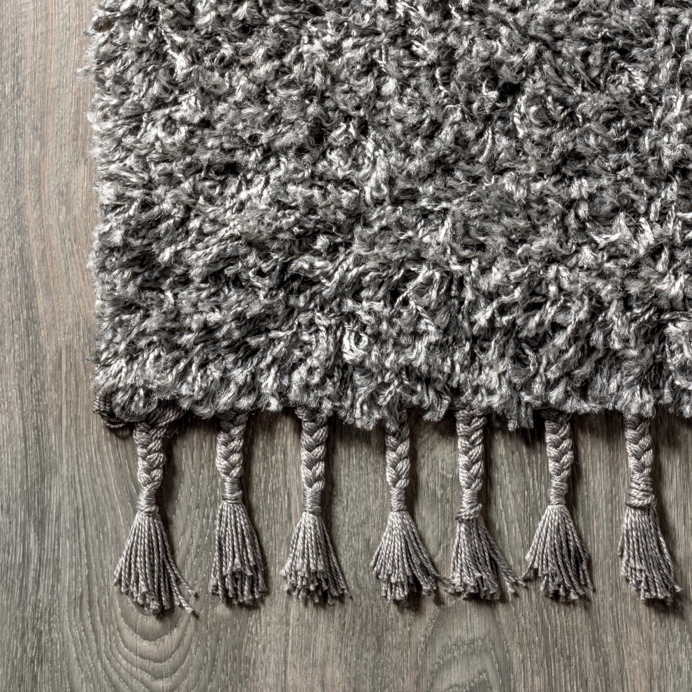 Mercer Shag Plush Tassel Area Rug, Charcoal, 2 X 8