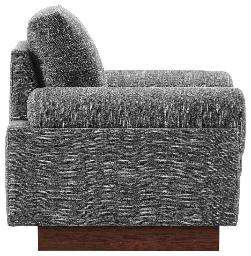 Modern Fabric Armchair with Wooden Plinth Base, Bolster Chair, Grey