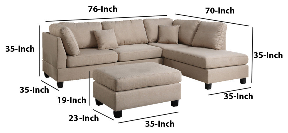 Benzara BM168774 Linen Fabric 3 Pieces Sectional, Sand Beige