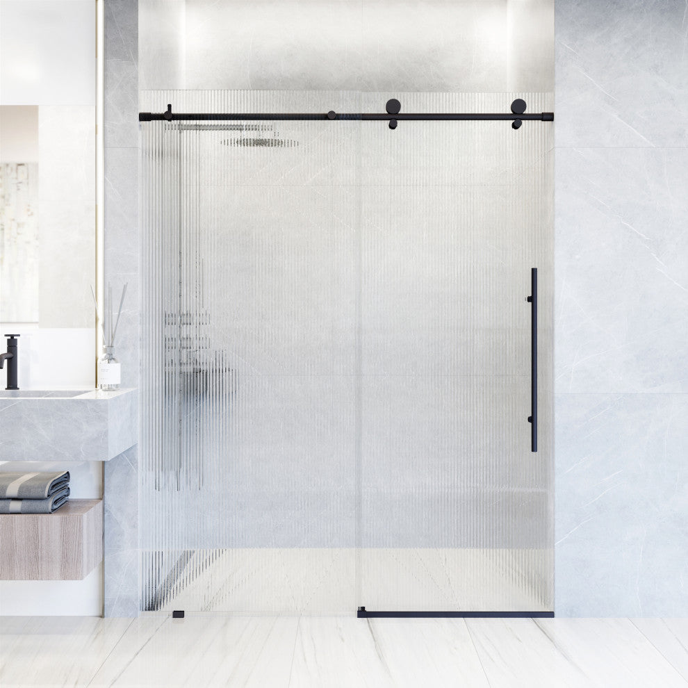 VIGO Elan E-Class 56" to 60" W x 76" H Frameless Sliding Shower Door, Matte Black, Fluted Glass, Right