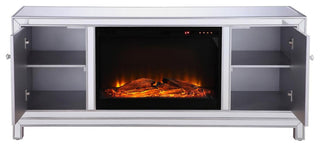 60" Mirrored Tv Stand With Wood Fireplace Insert In Antique Silver