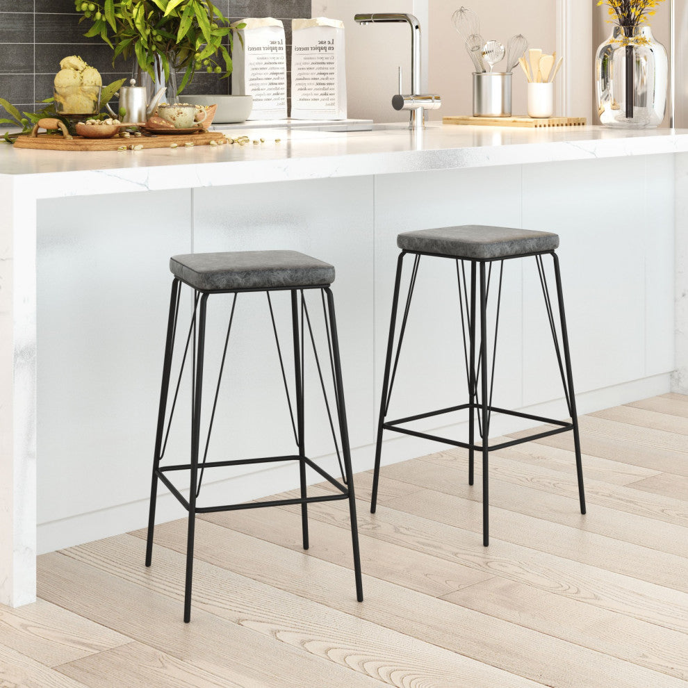 Counter Stool Chair, Set of 2, Faux Vinyl Leather, Steel, Vintage Black, Cafe