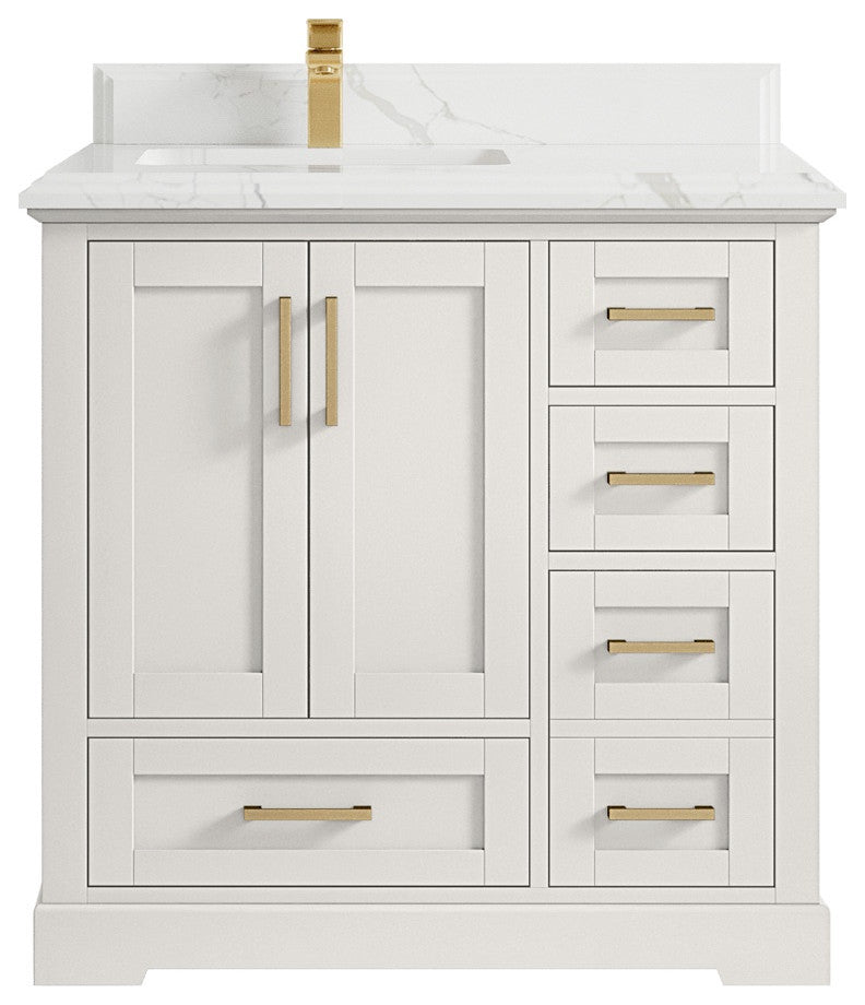 Boston 36" Left Offset Bath Vanity in Alabaster 1.5" Calacatta Laza