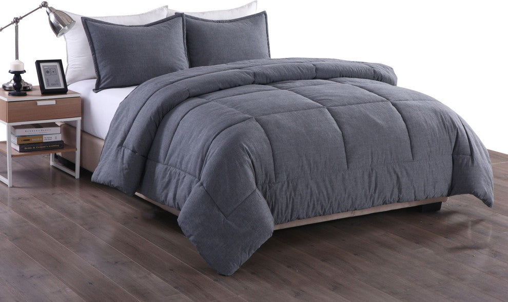 Washed Cotton Comforter Mini Set, Gray, Full/Queen