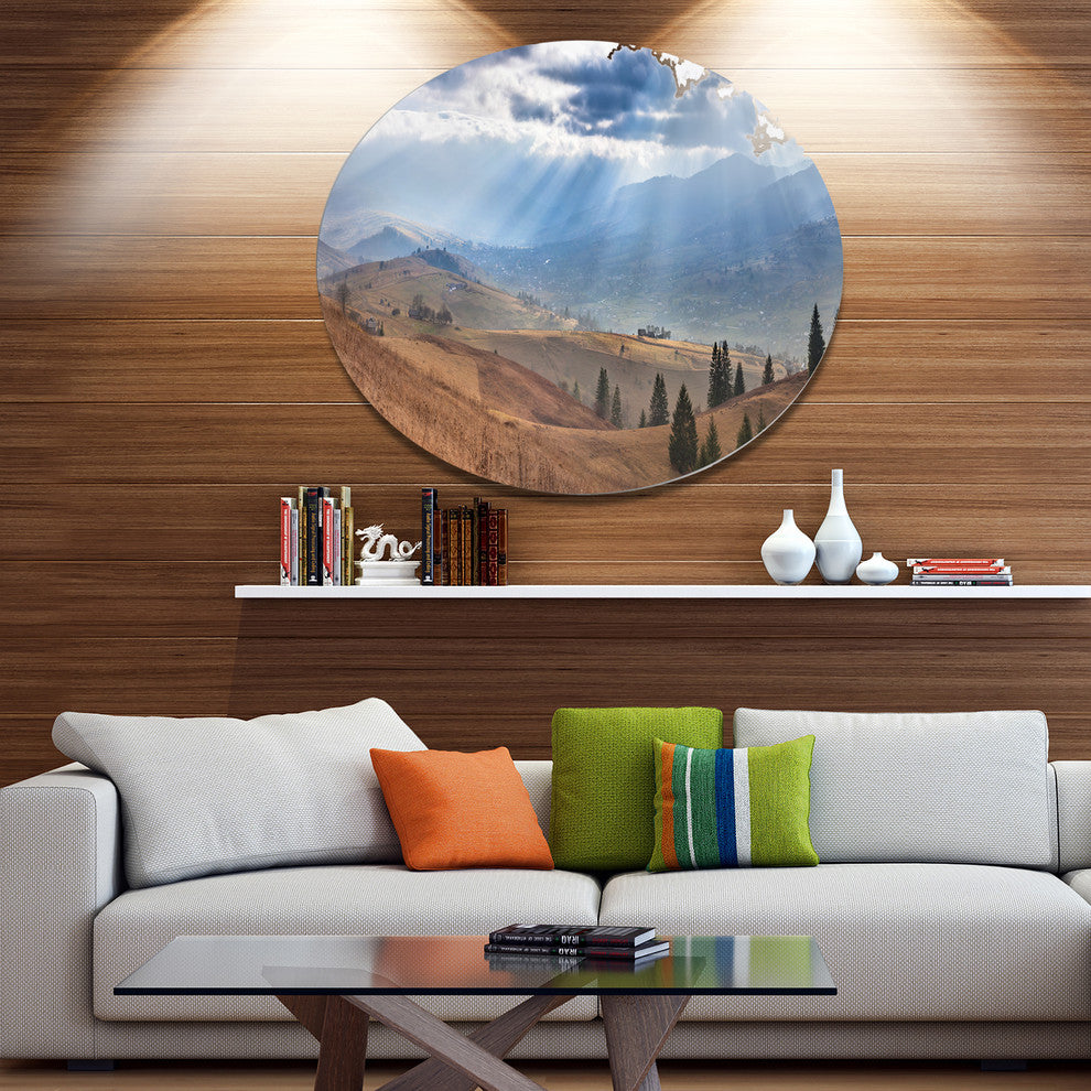 Beautiful Mountain Village View, Landscape Disc Metal Artwork, 23"