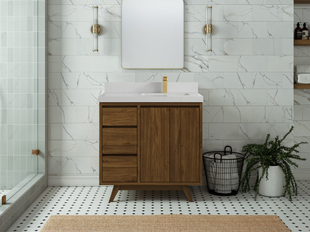 Madison Teak 36 Right Offset Bath Vanity in Dark Natural 2" Carrara Quartz