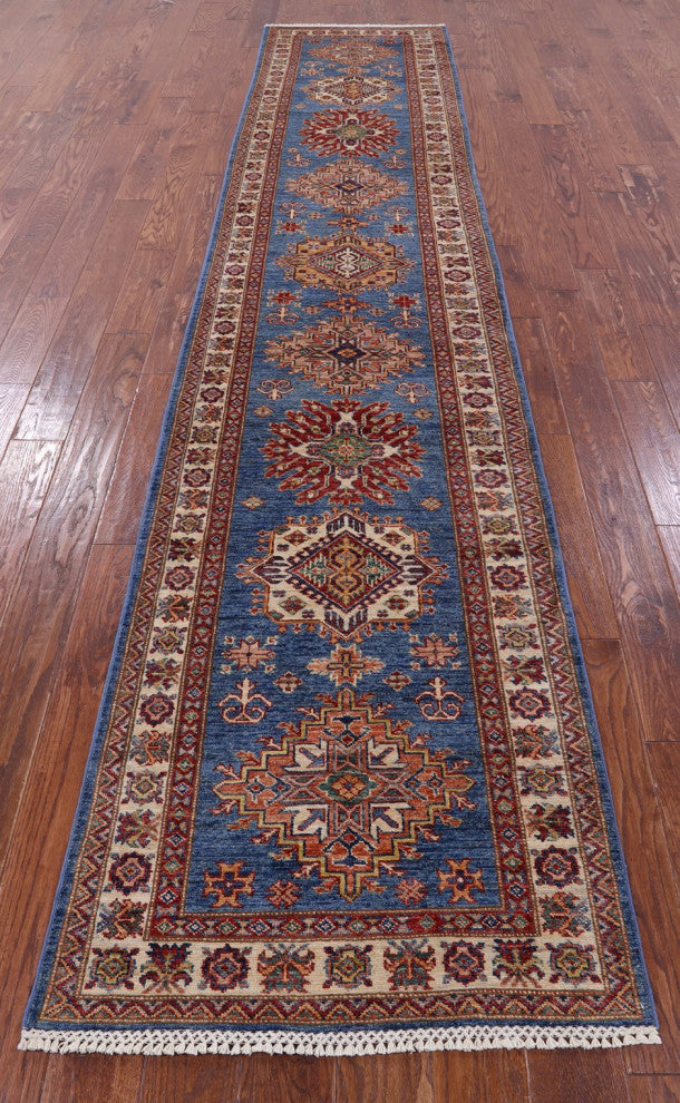 2' 9" X 13' 5" Super Kazak Geometric Handmade Wool Runner Rug - Q12998