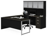 Pemberly Row U Desk with 4 Door Hutch in Deep Gray and Black
