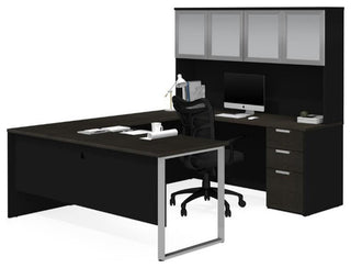 Pemberly Row U Desk with 4 Door Hutch in Deep Gray and Black