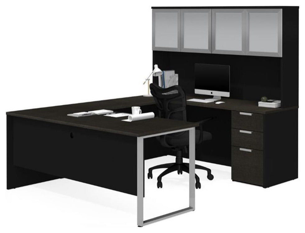 Pemberly Row U Desk with 4 Door Hutch in Deep Gray and Black