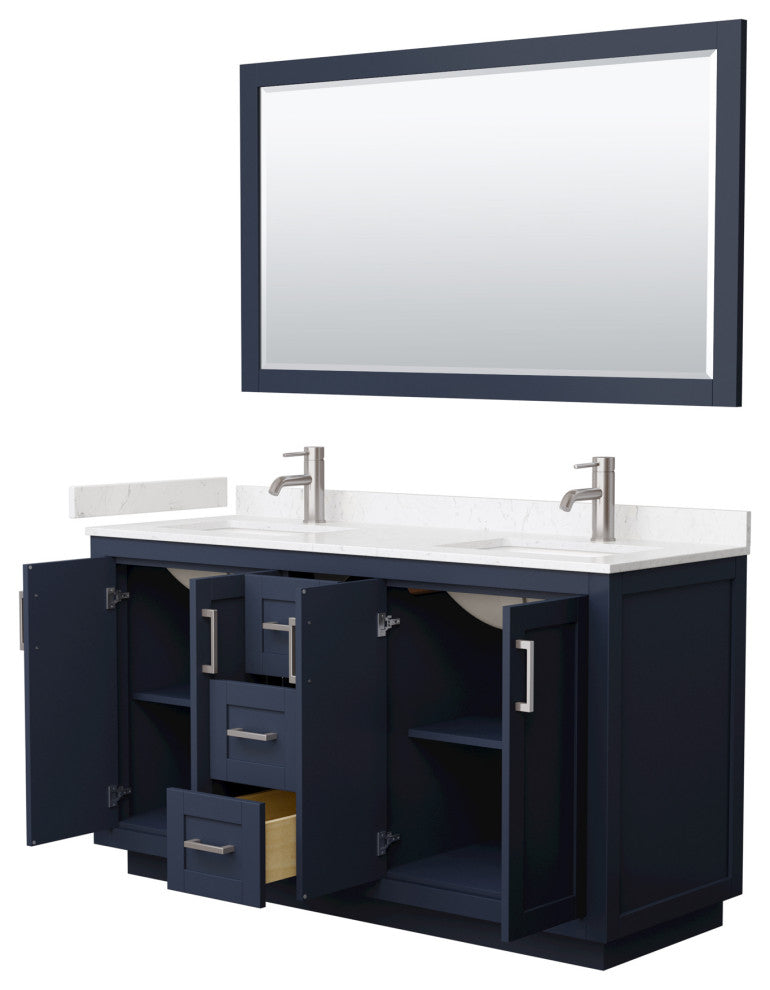 60"DBL Vanity Dark Blue, LV Carrara Cult. Top, Sinks, Nickel Trim, 58"Mirror