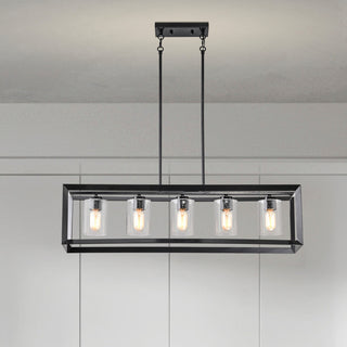 5-Light Antique Black Rectangular Kitchen Island Chandelier With Glass Shades