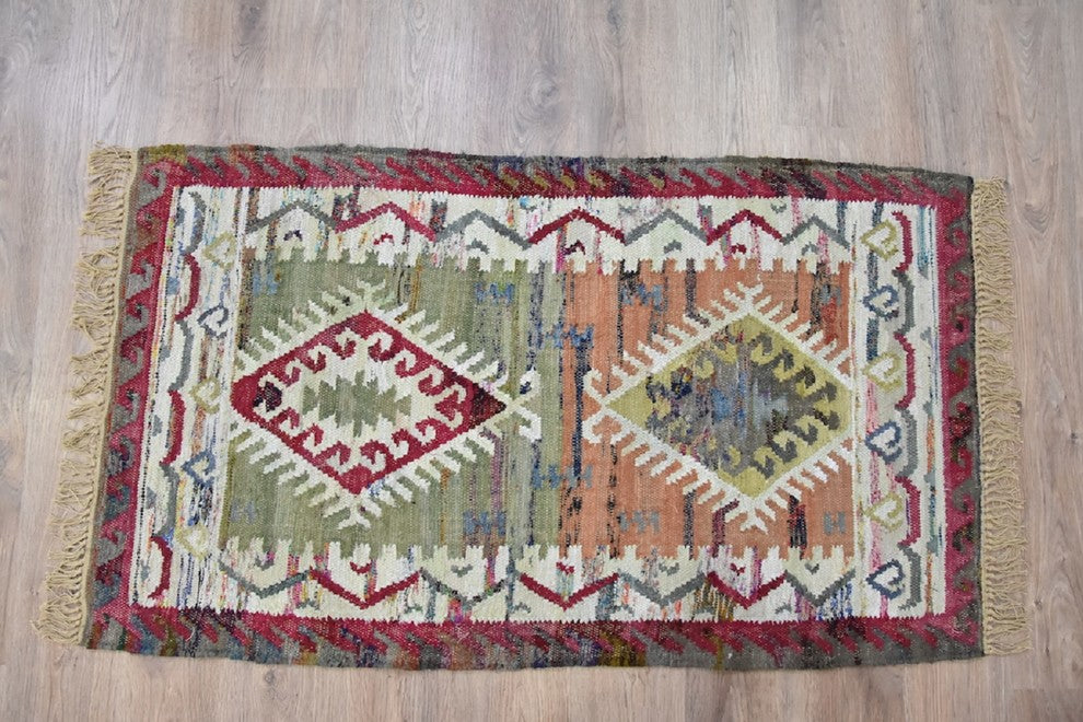 Timbergirl Kilim Sage Coral 100% Cotton Handmade Rug, 5'' X 8''