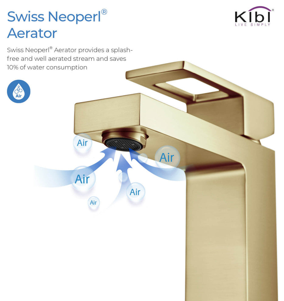 Cubic Single Hole Bathroom Faucet KBF1002, Brush Gold, W/ Drain