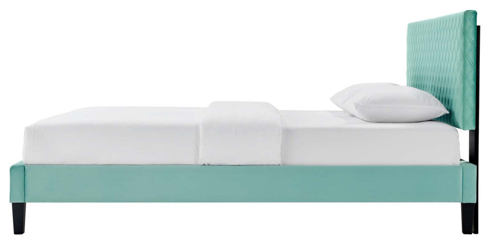 Platform Bed Frame, King Size, Blue, Velvet, Modern, Bedroom Master Guest Suite