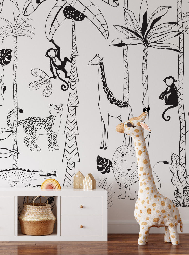 Safari Jungle Illustration Peel and Stick Vinyl Mural, Black, 24"x108", 6 Panel Set