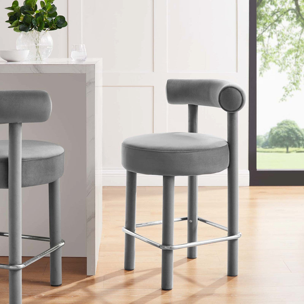 Toulouse Performance Velvet Counter Stool, Curved Round Bolster Kitchen Stool, Grey