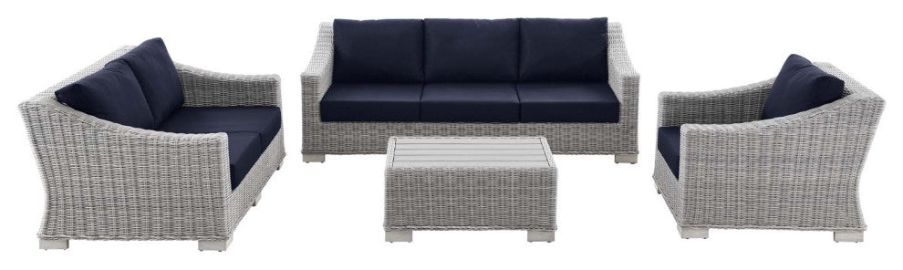 Lounge Sectional Sofa Chair Set, Rattan, Wicker, Gray Blue Navy, Outdoor