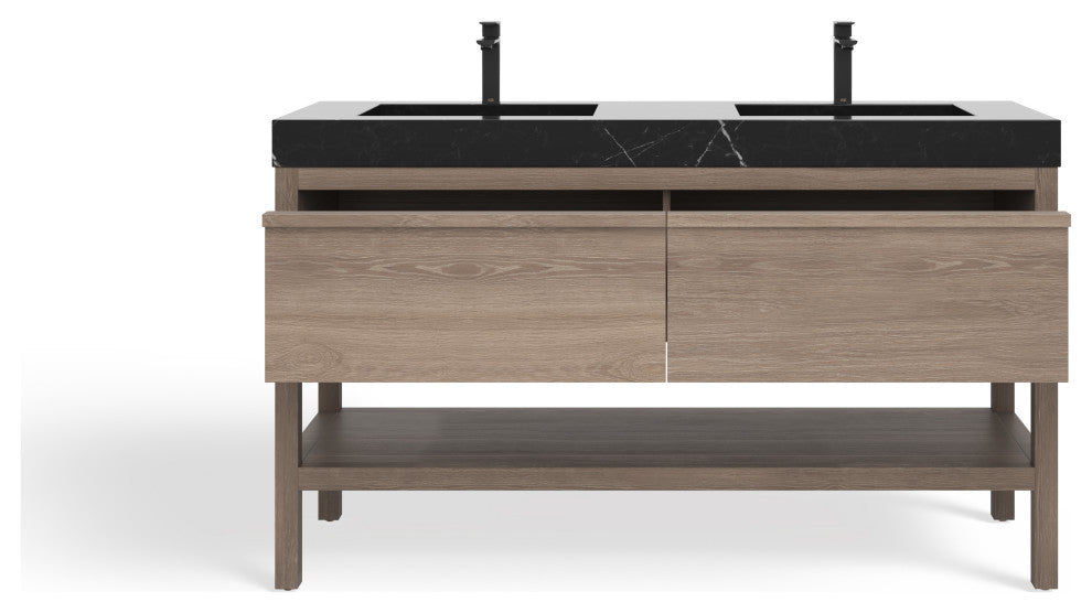 Shoji Bath Vanity, Chestnut Oak, 60", Double Sink, Freestanding