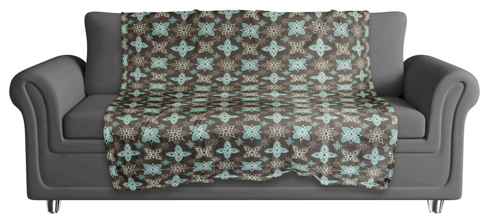 Folk Floral Pattern in Blue and Brown Fleece Blanket